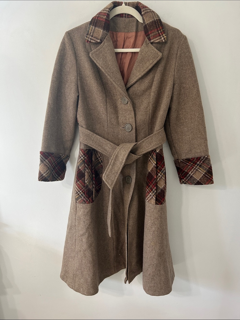 Vintage Wool Brown Plaid-Trim Trench Coat Fit & Flare Preppy Midi Length Winter